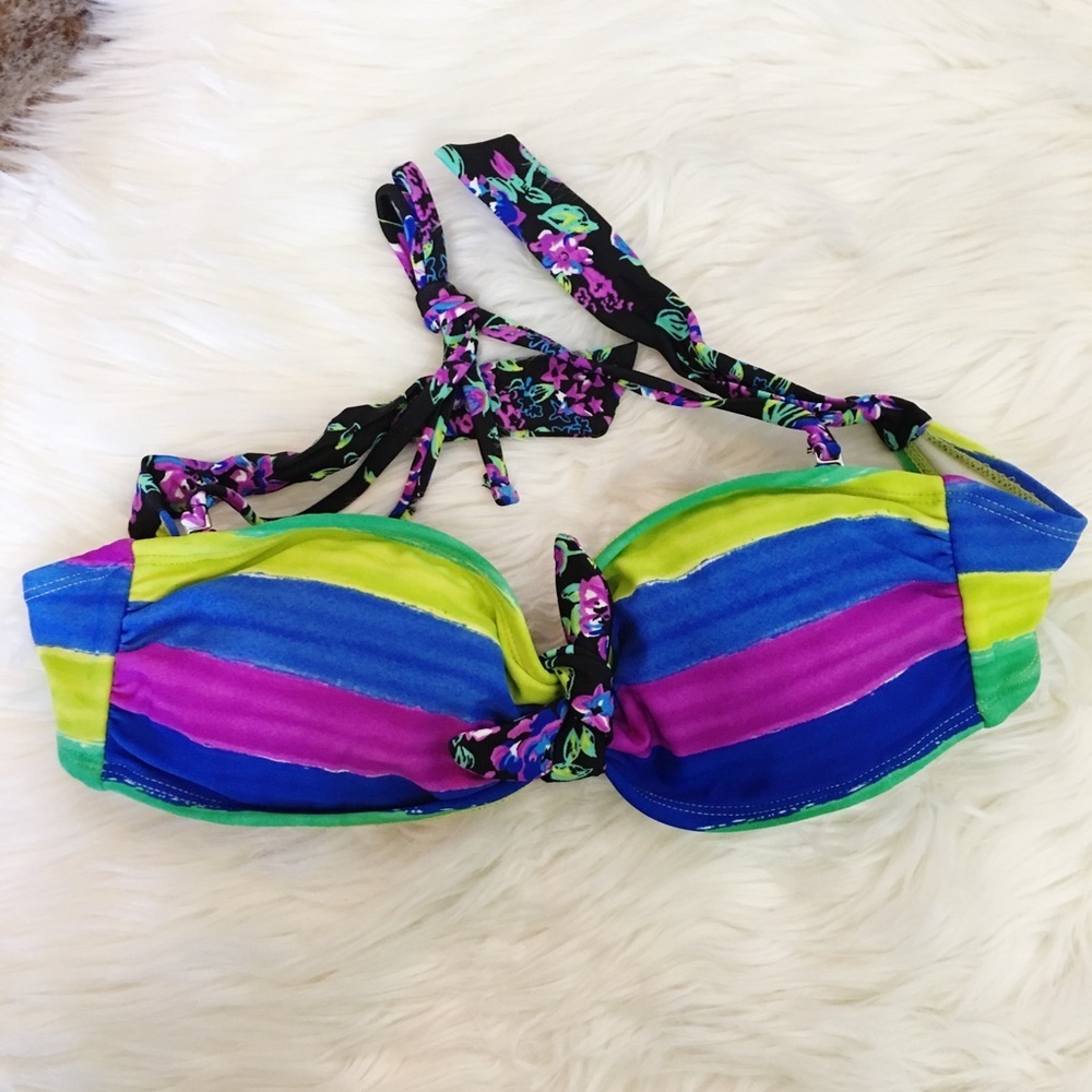 New Delia’s Stripe / Floral Patterned Bandeau Bikini Bathing Suit Top Y2K - Picture 3 of 5